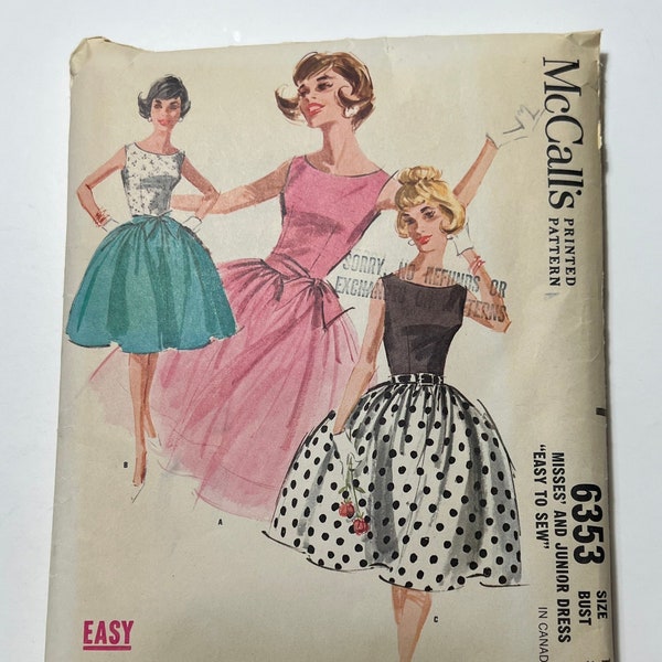 60s "Easy to Sew" Misses and Junior Dress Pattern, Sleeveless Scoop Neck Dress with Tie Belt, McCall's 6353, Size 14, 26" Waist, Cut