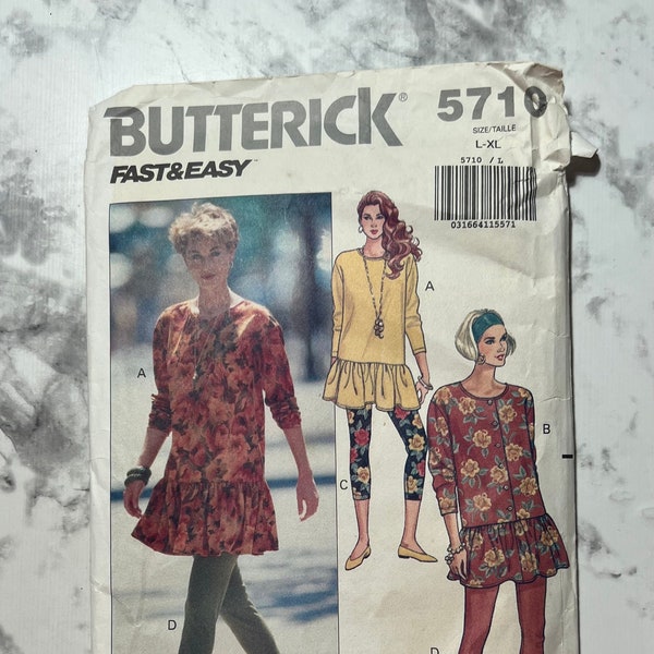 90s Fast and Easy Misses Top and Leggings Pattern, Long Sleeve Top with Peplum and Tight Leggings Pattern, Butterick 5710, Size L-XL, Uncut