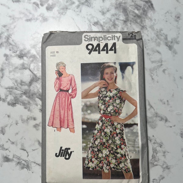 80s Misses' Jiffy Pullover Dress Pattern, Easy Knee Length Dress Pattern, Simplicity 9444, Size 10, 32.5" Bust, 25" Waist, 34.5" Hip, Cut