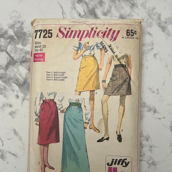 60s Simple to Sew Jiffy Skirts Pattern in 4 Lengths, Easy Skirts Pattern with Length Variations, Simplicity 7725, 29" Waist, 40" Hip, Cut
