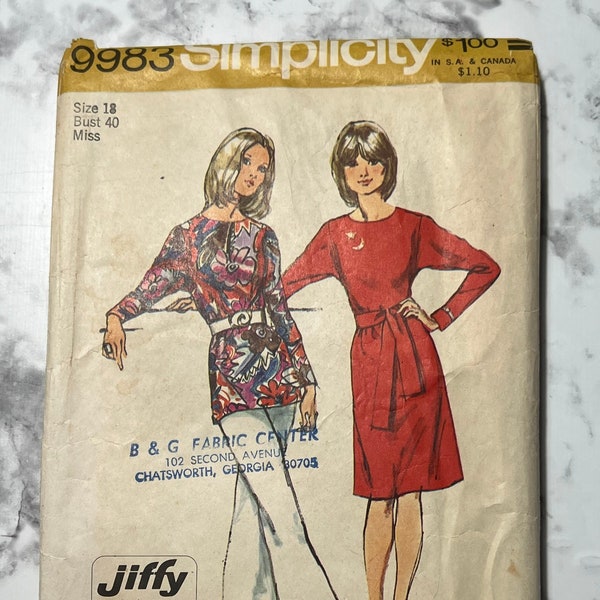 70s Simple to Sew Misses Jiffy Dress or Tunic Pattern, Dress with Long Dolman Sleeves, Simplicity 9983, Size 18, 40" Bust, 32" Waist, Cut