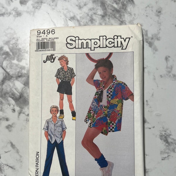 80s Boys' Easy to Sew Shirt and Pull-on Pants or Shorts Pattern, Jiffy Short Sleeve Button Up Shirt, Simplicity 9496, Size A (7-12), Uncut