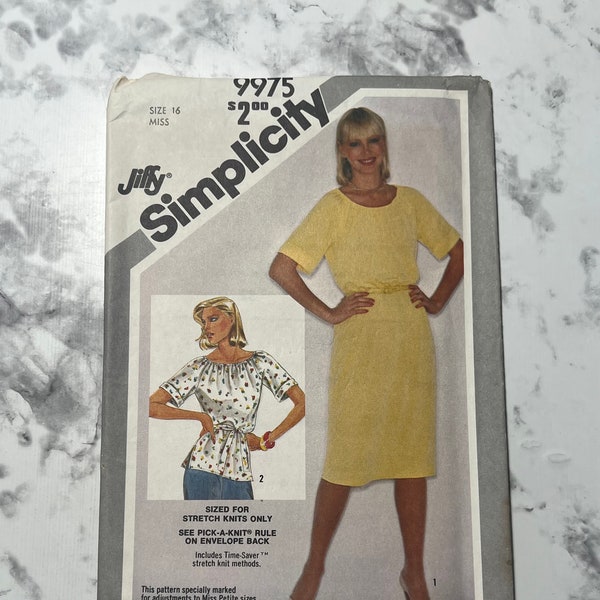 80s Misses Jiffy Pullover Dress or Tunic Pattern, Easy Dress or Shirt Pattern, Simplicity 9975, Size 16, 38" Bust, 30" Waist, 40" Hip, Uncut