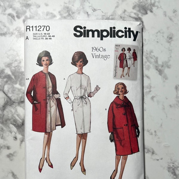 1960s Reproduction Misses Dress, Coat, and Scarf Pattern, Fitted Sheath Dress Pattern with Tie Belt, Simplicity R11270, Size 10-22, Uncut