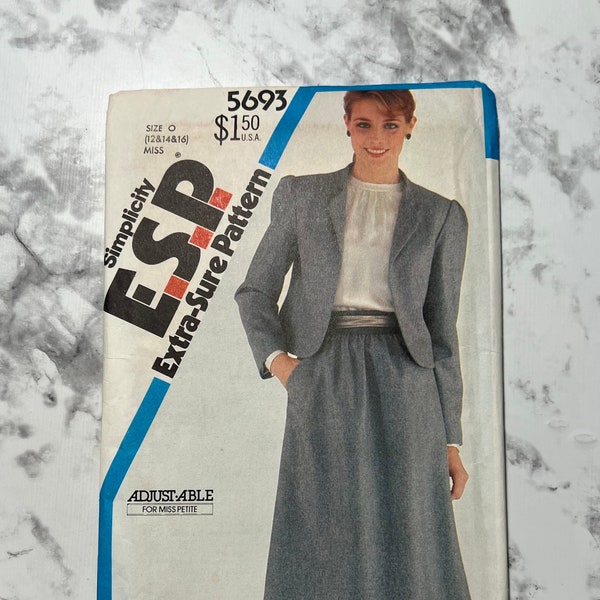 80s Extra Sure Pattern, Misses Skirt and Lined Jacket Pattern, Skirt Suit Pattern, Simplicity 5693, Size O 12-14-16, 34"-36"-38" Bust, Uncut