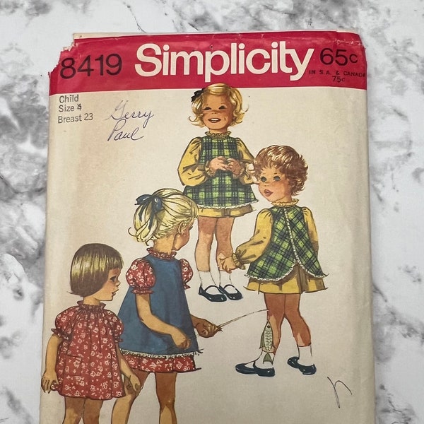 60s Simple to Sew Childs Jiffy Dress and Pinafore, Kids Long or Short Sleeve Dress w/ Apron, Simplicity 8419, Size 4 Child, 23" Breast, Cut