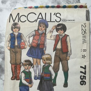 May include: A vintage McCall's sewing pattern for children's vests. The pattern shows four children wearing different colored vests with a variety of patterns. The pattern number is B 7756 and the price is $2.25.