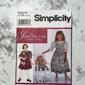 90s Just Like You Child&#39;s Jumper and Blouse and Doll Dress or 18&quot; Doll Pattern, Matching Doll Dress, Simplicity 8374, Size BB 5-6-7-8, Uncut