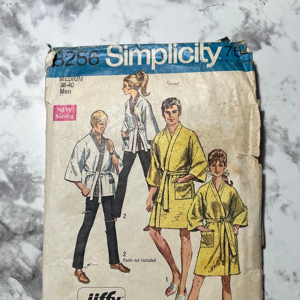 60s Simple to Sew Misses and Mens Jiffy Kimono Pattern in 2 Lengths, Unisex Robe with Belt, Simplicity 8256, Size Medium (38-40, Men), Cut