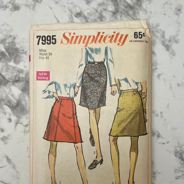 60s Set of Skirts Pattern, Mini High Waist Slightly Flared Skirt Pattern, Simple Pencil Skirt, Simplicity 7995, Size 34" Waist, 44" Hip, Cut