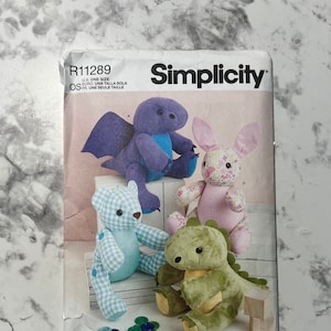 13&quot; (33 cm) Plushies Pattern, Dragon, Dinosaur, Bunny Rabbit and Teddy Bear Stuffed Animal Pattern, Simplicity R11289, One Size, Uncut