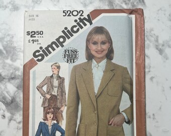 80s Misses Lined Blazer Pattern, Collared Button Front Suit Jacket Pattern with Patch Pockets, Simplicity 5202, Size 16, 38" Bust, Uncut
