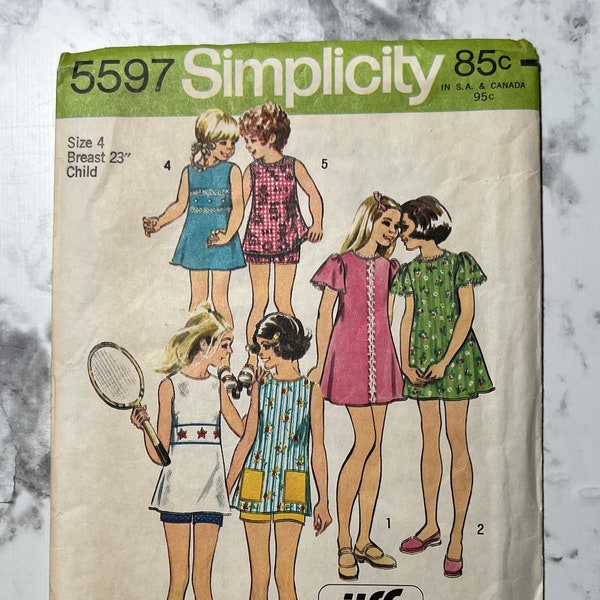 70s Simple to Sew Childs and Girls Jiffy Dress or Tunic and Short Pattern, Easy Mini Dress with Pockets, Simplicity 5597, Size 4 Child, Cut