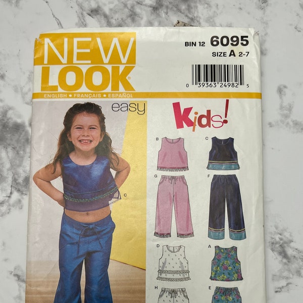 2000s Easy Childrens Top and Pants Pattern, Sleeveless Girls Shirt and Cropped Pants Pattern, Simplicity New Look 6095, Size A 2-4, Cut