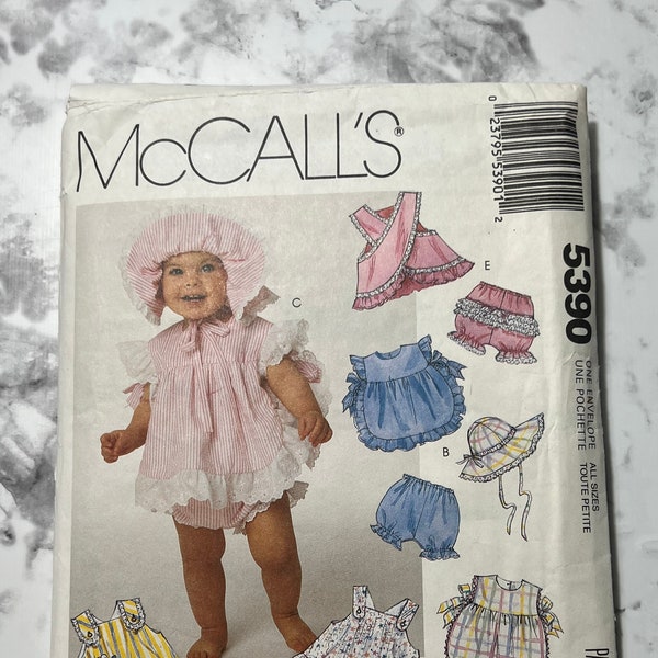 90s Infants' Sundresses, Panties, and Hat Pattern, Baby Dress and Bloomers, Little Girls Outfit, McCalls 5390, All Sizes (S, M, L), Cut