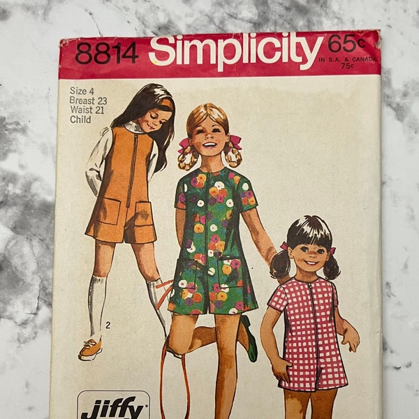 70s Simple to Sew Childs and Girls Jiffy Pant dress or Pant jumper Pattern, Kids Romper, Simplicity 8814, Size 4(23" Breast, 21" Waist), Cut