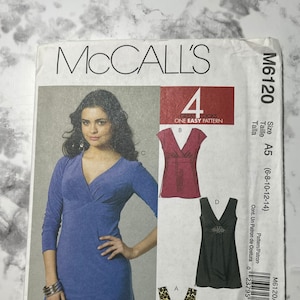 Misses Tops and Tunics Pattern, 4 Great Looks, 1 Easy Pattern, Easy to Sew V Neck Shirt Pattern, McCall&#39;s M6120, Size AS 6-8-10-12-14, Uncut