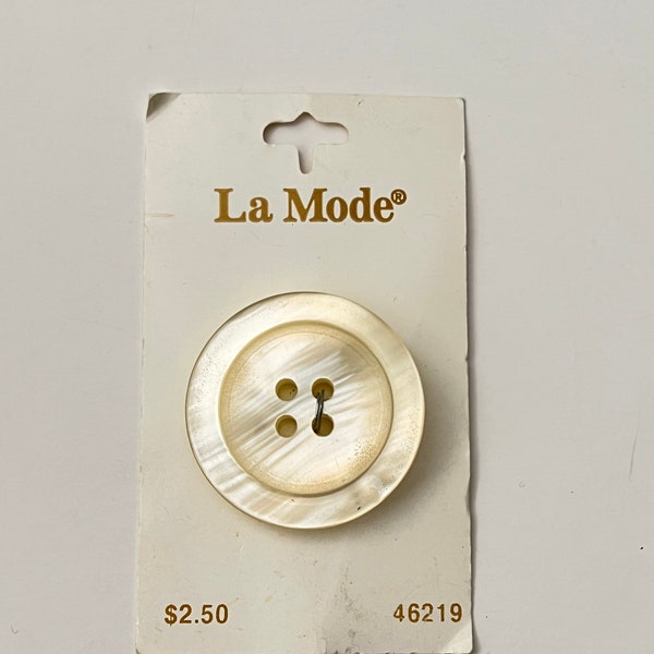 Vintage Large White Button on Card, La Mode Shiny Button, 1 3/8 inch Diameter Plastic Button with 4 Holes