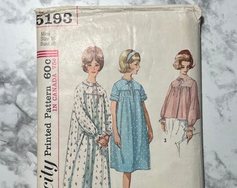 60s Misses' and Women's Nightgown in 2 Lengths and Bedjacket Pattern, Simplicity 5193, Size 16, 36" Bust, 28" Waist, 38" Hip, Cut