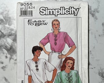 80s Easy Misses Blouse Pattern, Easy to Sew Short Sleeve Pullover Shirt Pattern with Rosettes or Bows, Simplicity 9056, Size 22-24, Uncut