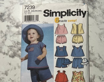 Early 2000s 6 Made Easy Babies Tops, Panties, and Hat Pattern, Easy Toddler Summer Outfit Pattern, Simplicity 7239, Size A (XXS-L), Uncut