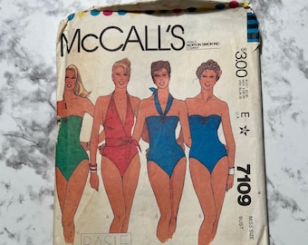 Patrón de trajes de baño de las señoritas de los años 80 solo para tejidos elásticos de 2 vías, patrón de traje de baño de una pieza sin tirantes, McCall's 7109, talla 12, busto de 34", corte