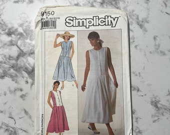 80s Misses' Dress Pattern, Loose Fitting Sleeveless Drop Waist Dress Pattern, Simplicity 9150, Size K 8-10-12, 31.5"-32.5"-34" Bust, Uncut