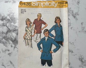 70s Men&#39;s and Misses&#39; Pullover Shirt Pattern, Collared Shirt Pattern with Belt, Simplicity 6436, Size 16 (Misses) OR Large (Men&#39;s), Uncut