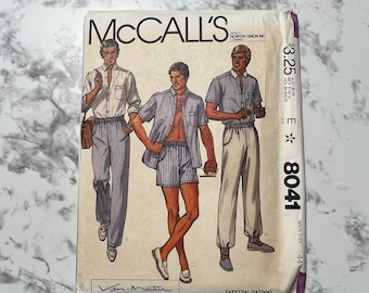 80s Men's Shirt, Pants, and Shorts Pattern, Van Martin, Collared Button Down Shirt and Trousers, McCall's 8041, 42" OR 44" Chest, Uncut