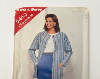 80s Misses Jacket and Pants Pattern, Collarless Blazer w/ Buttons and Straight Leg Pants, See & Sew by Butterick 5463, Size 14-16-18, Uncut