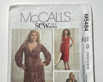 Misses Robes Pattern, Long Sleeve, Elbow Length, ou Sleeveless V Neck Dress Pattern, McCall’s M5484, Tailles C5 10-12-14-16-18, Coupe