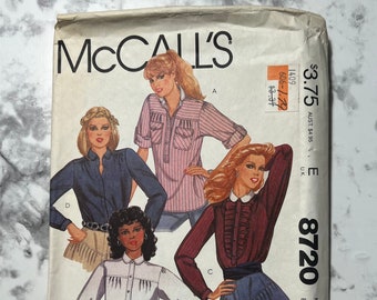 80s Misses Shirt Pattern, Long Sleeve Collared Button Down Blouse Pattern w/ Patch Pockets, The Gap, McCall's 8720, Size 12 or 14, Uncut