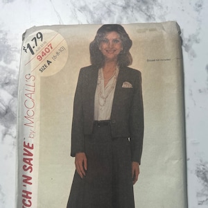 80s Misses Jacket and Skirt Pattern, Blazer and Flared Skirt, Women&#39;s Skirt Suit, Stitch &#39;N Sew by McCall&#39;s 9407, Size A 6-8-10, Uncut