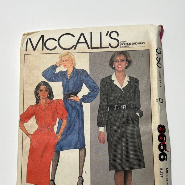 80s Long Sleeve Suit Dress Pattern, Menswear Inspired Women's Professional Dress, Belted Dress, McCall's 8656, Size 12, 34" Bust, Uncut