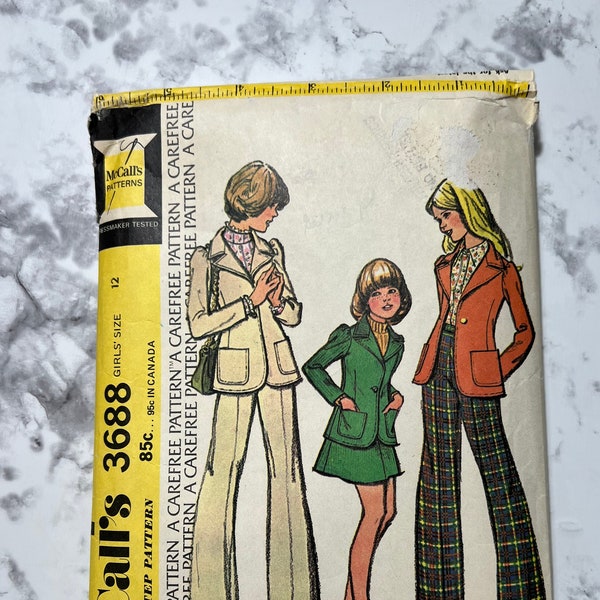 70s Girls Jacket, Skirt, and Pants Pattern, Teen Girls Skirt or Pants Suit Pattern, Blazer with Patch Pockets, McCall's 3688, Size 12, Cut