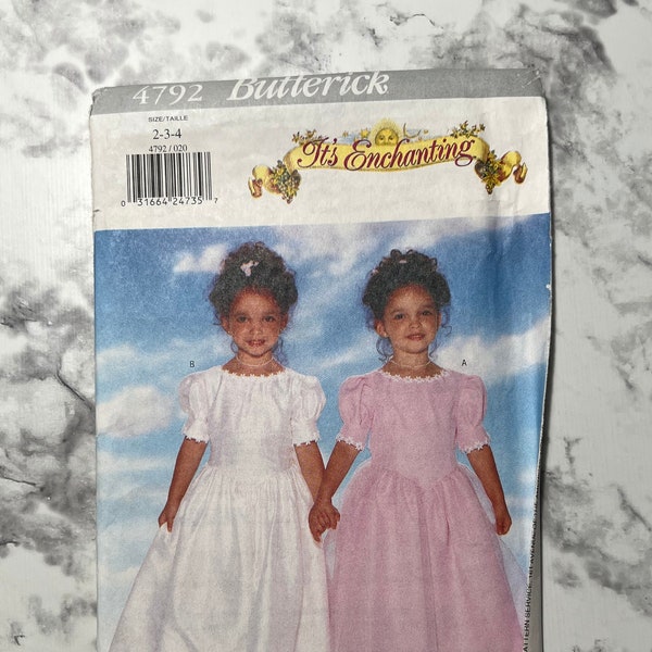 90s "Its Enchanting" Easy Children's Dress Pattern, Little Girls Short Sleeve Formal Dress, Butterick 4792, Size 2-34 OR 5-6-6X, Uncut