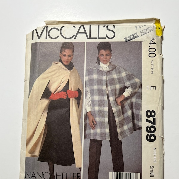 80s Nancy Heller Misses Cape Pattern, Women's Winter Coat Cape Pattern in 2 Lengths with Hood, McCall's 8799, Size Small 910-12), Uncut