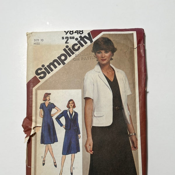 Early 80s Dress and Jacket Pattern, Short or Long Sleeve Jacket and V Neck Dress, Simplicity 9848, Size 10, 32.5" Bust, 25" Waist, Uncut