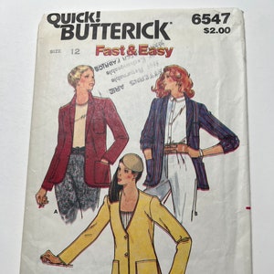 80s Fast and Easy Misses Jacket Pattern, Women's Blazer with Notch Collar and Patchwork Pockets, Butterick 6547, Size 12, 34" Bust, Cut