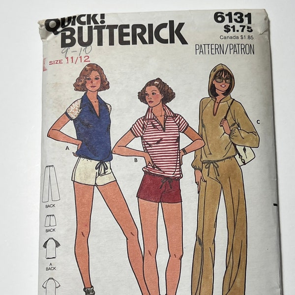 70s Short Sleeve Shirt, Sweat Pants, Hoodie, and Shorts Pattern, Quick Butterick 6131, Junior's Retro Active Wear, Size 11/12 and 9/10,Uncut