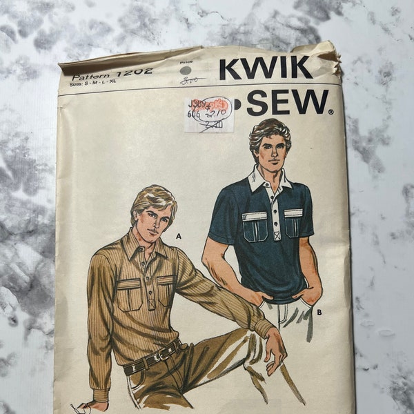 Early 80s Mens Shirt Pattern, Collared Short or Long Sleeve Mens Shirt with Patch Pockets, Kwik Sew 1202, Sizes S-M-L-XL, Uncut and Sealed