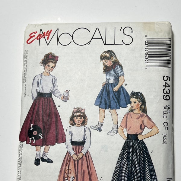 90s Easy Children's T Shirt, Skirts, Scarf and Headband Pattern, Girls Poodle Skirt Pattern, McCall's 5439, Size CF (4,5,6), Cut
