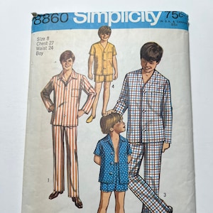 70s Boys and Teen Bots Pajamas Pattern in 2 Lengths, Collared Pajama Sets with Long or Short Pants, Simplicity 8860, Size 8, 27&quot; Chest, Cut