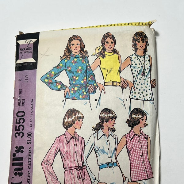 70s Misses Set of Blouses Pattern, Collared Button Down Shirt Pattern, Ladies Long Sleeve Blouse, McCall's 3550, Size 8 or 16, Cut