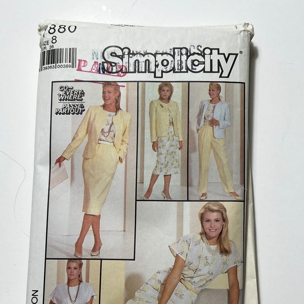 Late 80s Blouse, Skirt, Pants, and Jacket Pattern, Women's Pants or Skirt Suit, Ladies Blazer, Shirt, and Bottoms,Simplicity 7880,Size 8,Cut