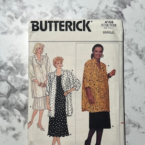 May include: A sewing pattern for a jacket and dress. The pattern is from Butterick and is size small. The pattern shows three different styles of clothing, a white jacket, a black and white polka dot dress with a jacket, and a yellow and black patterned dress.