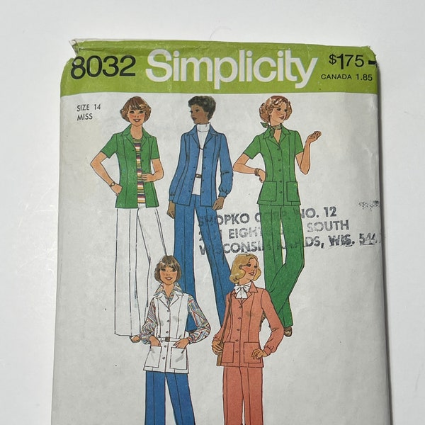70s Shirt, Jacket, Vest, and Pants Pattern, Retro Women's Suit Pattern, Late 70s Boho Matching Set, Simplicity 8032, Size 14, Cut