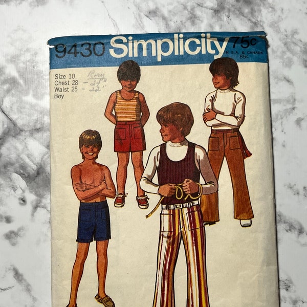 70s Boys Pants in Two Lengths and Tank Top Pattern, Tank Top for Knit Fabrics Only, Simplicity 9430, Size 10, 28" Chest, 25" Waist, Cut