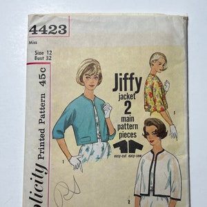 May include: Simplicity sewing pattern number 4423 for a Jiffy jacket. The pattern includes two main pattern pieces and is easy-cut and easy-sew. The pattern is for size 12 with a bust measurement of 32 inches.