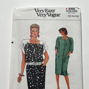 May include: A sewing pattern for a dress with two different styles. The pattern is for sizes 12-14-16. The pattern is called "Very Easy Very Vogue" and the pattern number is 9309.